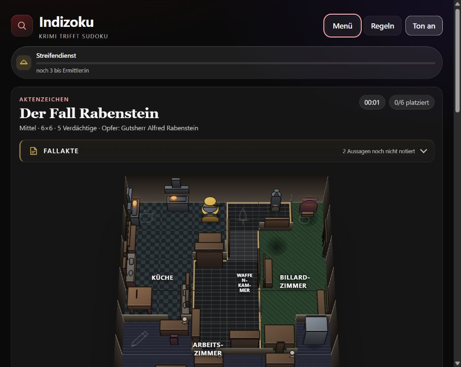 Indizoku case file with investigation room and logic grid